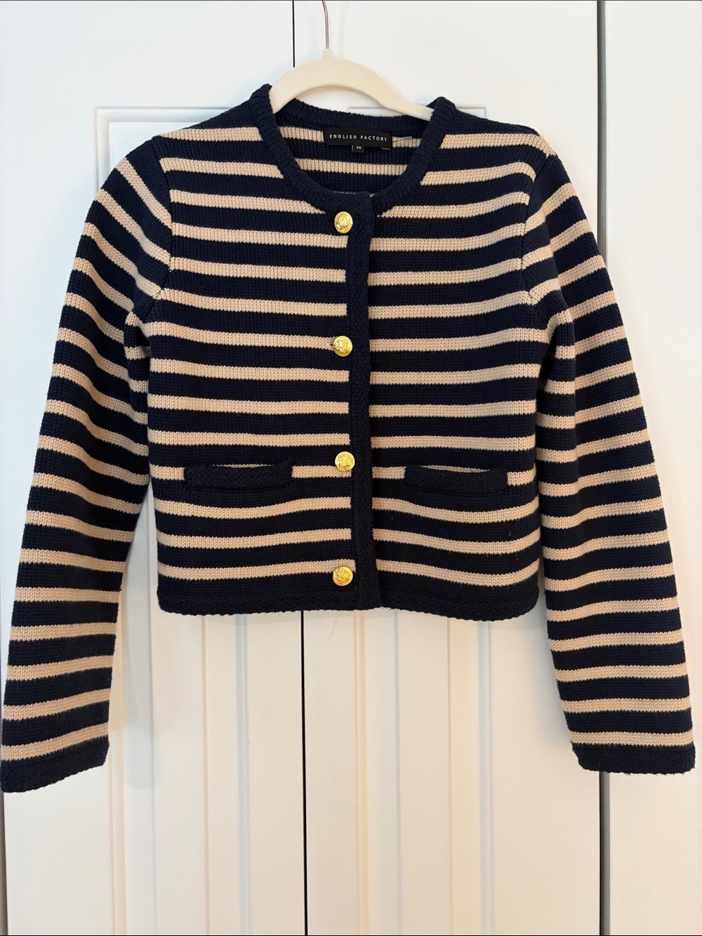 English Factory Navy and Cream Striped Knit Blazer with Gold Buttons